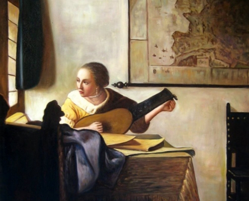 Mujer tocando el laúd junto a la ventana